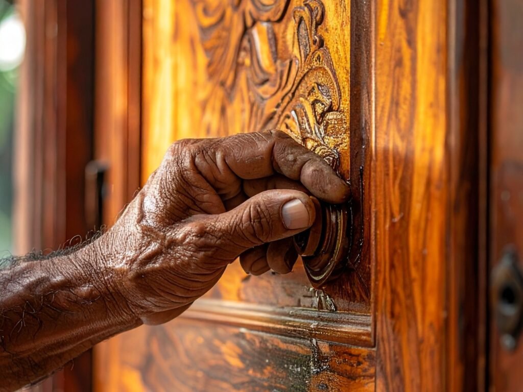 Craftsman applying teak oil to a luxury teak wood door in Hyderabad, showing care and precision for humidity protection.