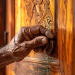 Craftsman applying teak oil to a luxury teak wood door in Hyderabad, showing care and precision for humidity protection.