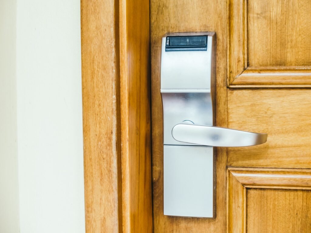 modern fire-rated designer door with digital lock in Hyderabad home