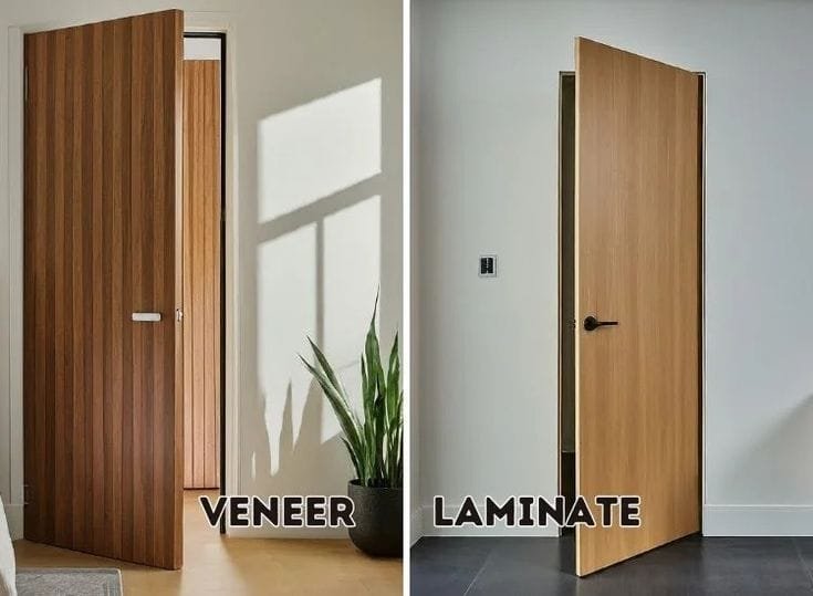 Modern wooden door styles showing laminate and veneer finishes used in Hyderabad residential interiors