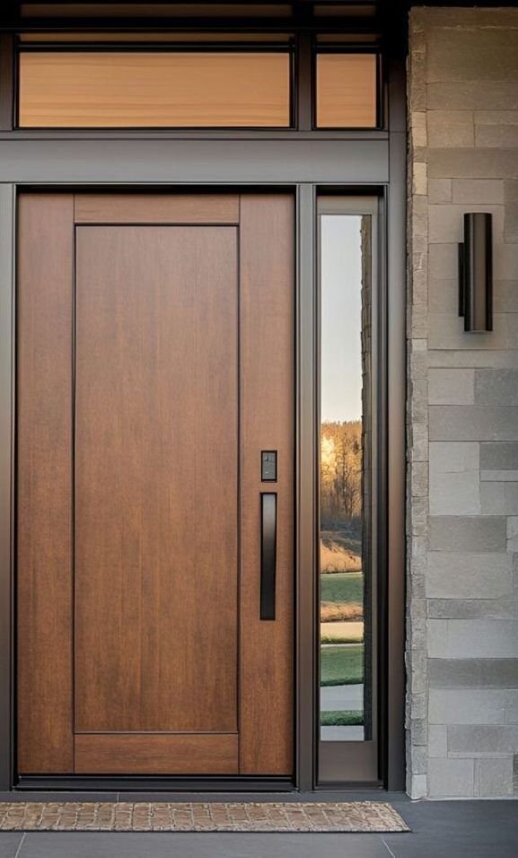 Modern wooden entrance door with clean lines reflecting 2025 door design trends
