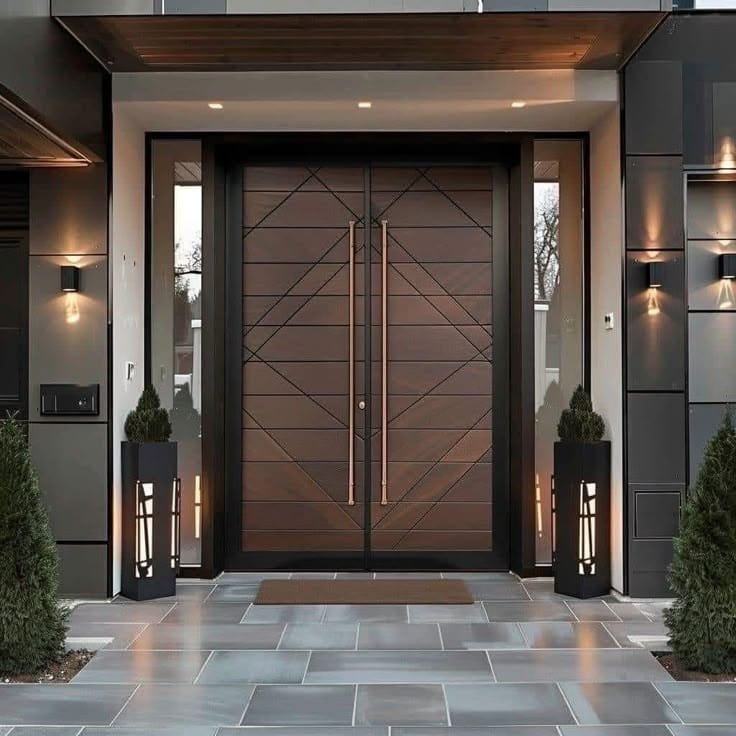 Modern wooden main door with geometric panel design and warm lighting at a residential entrance