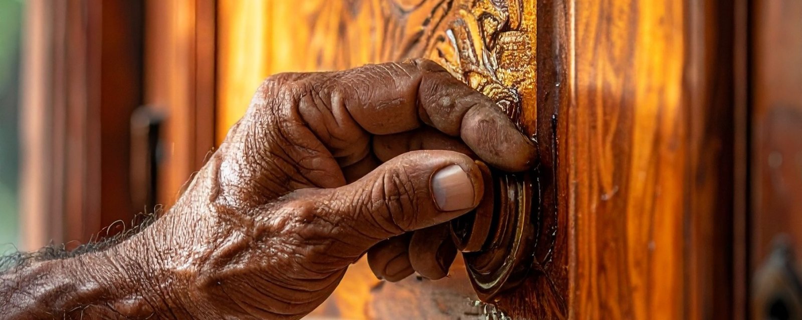 Craftsman applying teak oil to a luxury teak wood door in Hyderabad, showing care and precision for humidity protection.